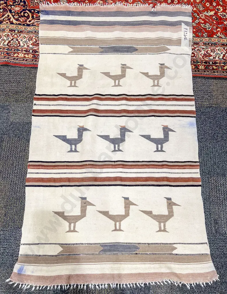Kilim Style Woolen Floor Rug with Bird Depictions on Three Rows Image 1++