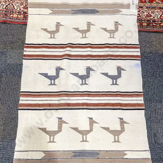 Kilim Style Woolen Floor Rug with Bird Depictions on Three Rows