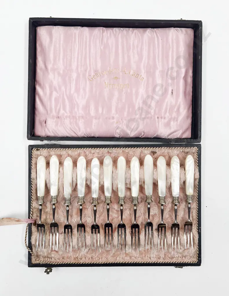 Cased Set of Twelve MOP Handled Oyster Forks Image 1++