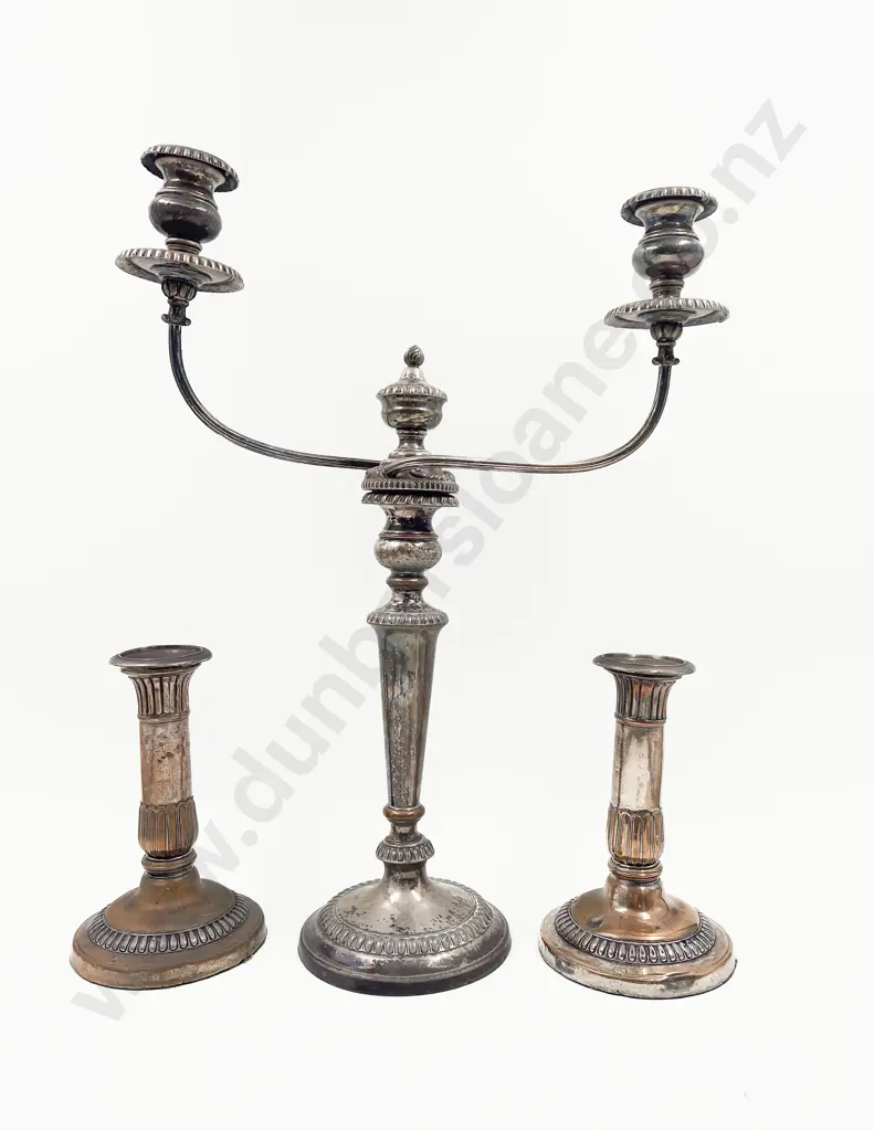 Sheffield Plate Candelabra & Pair of Candle Sticks Image 1++