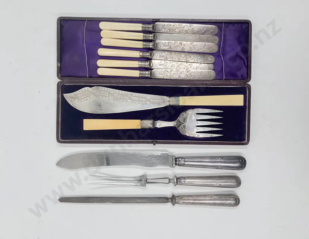 Victorian Cased Fish Serving Knive & Fork 3pce Carving Set & Six Fruit Knives Image 1++