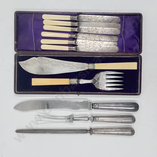 Victorian Cased Fish Serving Knive & Fork 3pce Carving Set & Six Fruit Knives