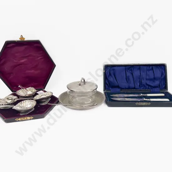 Cased S/Plate Scallop Shell Salts Pair of Butter Knives & WMF Honey Pot