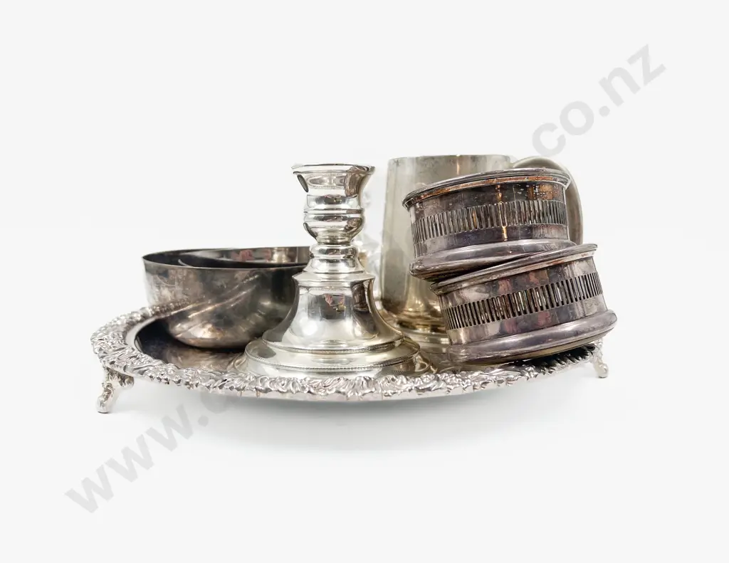 S/Plate Tray Pair of Candlesticks Pair of Coasters Mug & Dishes Image 1++