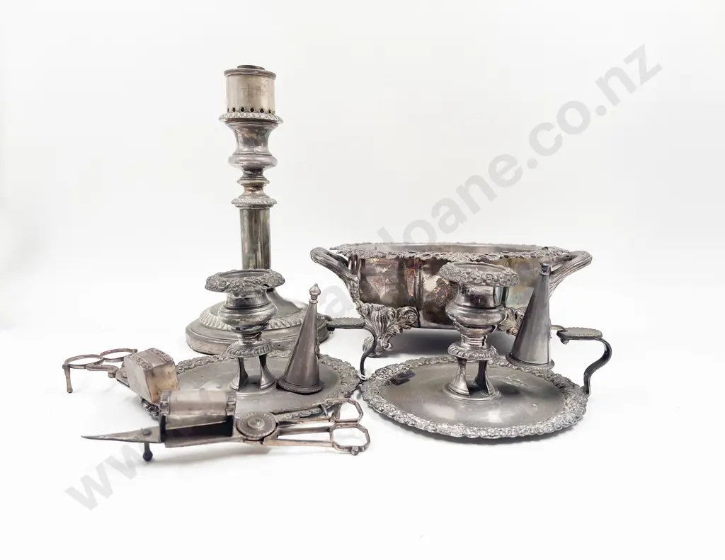 Victorian S/Plate Dish Pair Of Chambersticks Candle Scissors & Candlestick Image 1++