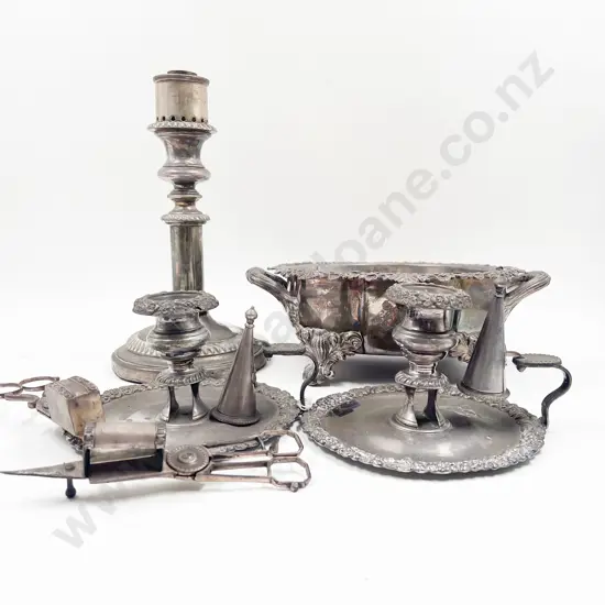 Victorian S/Plate Dish Pair Of Chambersticks Candle Scissors & Candlestick