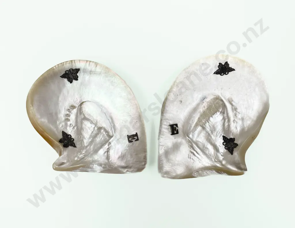 Pair Of Antique MOP Shell Dishes With Silver Decorations Image 1++