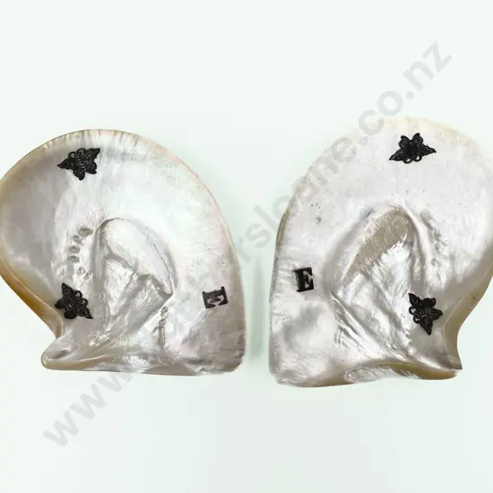 Pair Of Antique MOP Shell Dishes With Silver Decorations