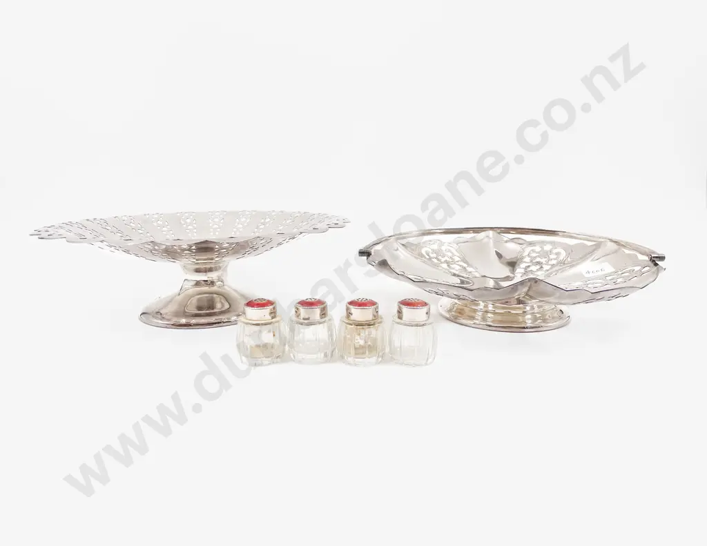 Four Danish Enamel & Silver Topped Condiments on Two Plated Comports Image 1++