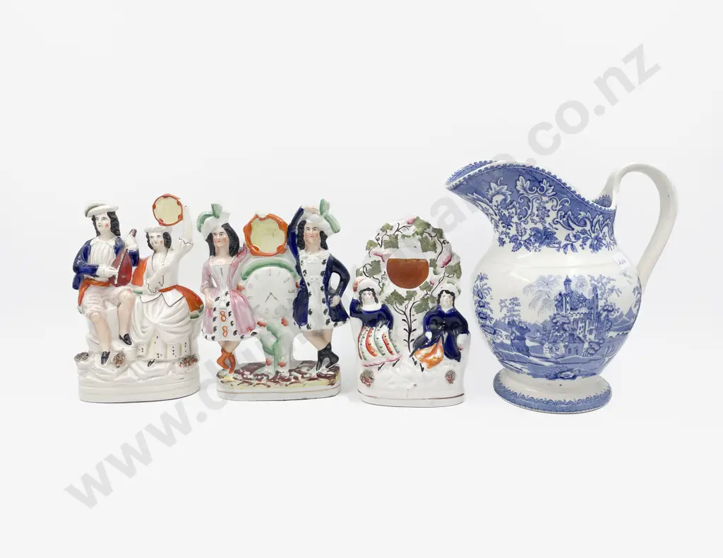 Three Staffordshire Group Figures together with Blue & White Jug Image 1++