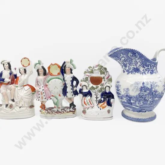 Three Staffordshire Group Figures together with Blue & White Jug