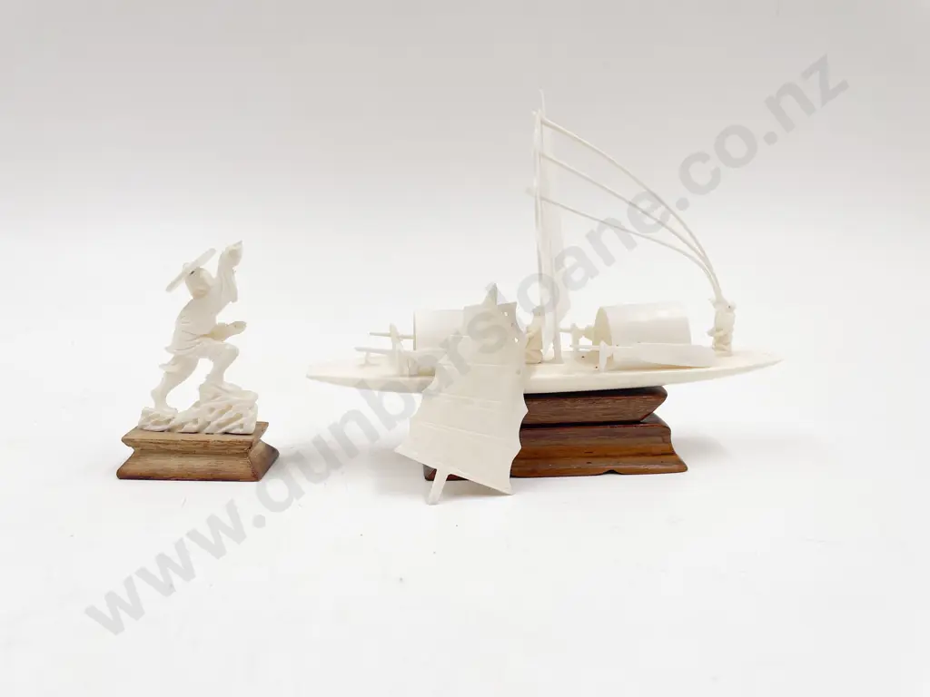Small Ivory Model of a Junk and Fisherman (faults) Image 1++