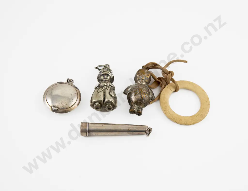 Small S/S Compact & Case & Two S/Plate Antique Baby Rattles Image 1++
