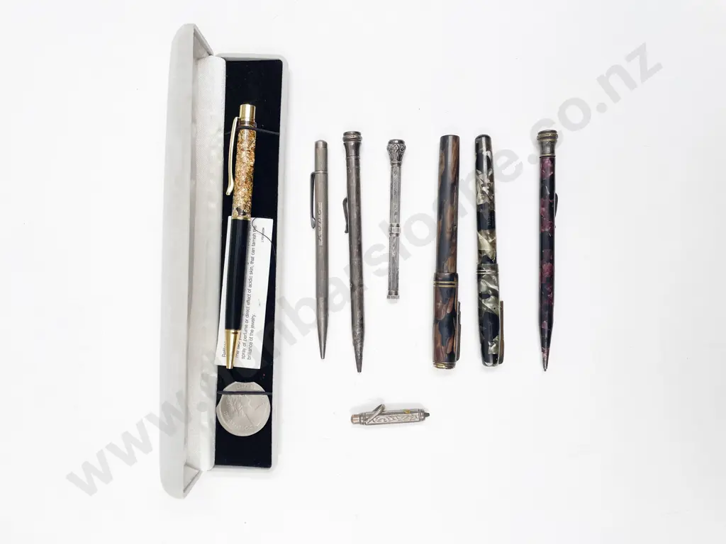 22ct Gold Flake Ball Point Pen Together with Ten Pence Coin and Quantity of Fountain Pens and Pencils Image 1++