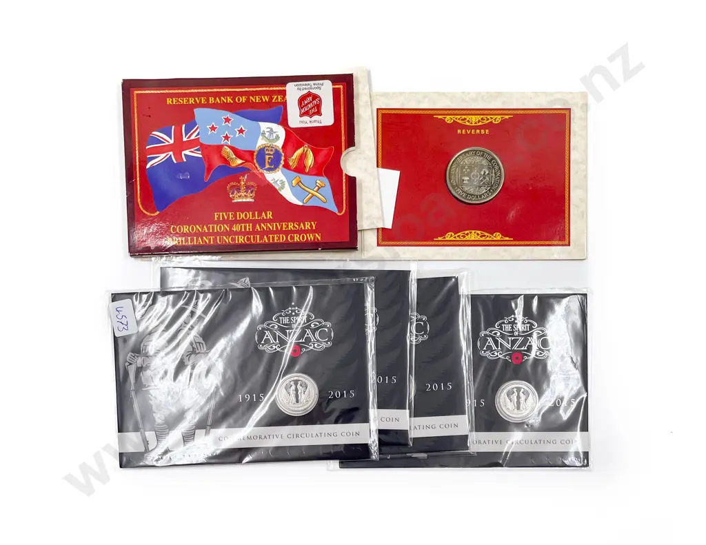 Four ANZAC Commemorative Coin Packs together with $5 Coronation Comm. Coin Image 1++