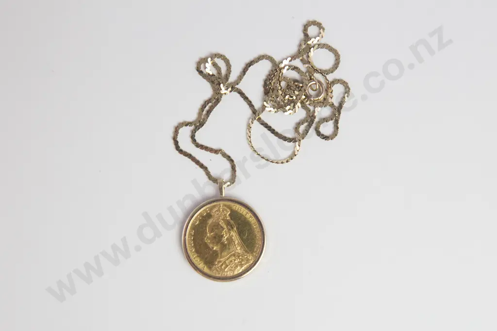 1891 Gold Full Sovereign Melbourne Mint Mounted in Pendant Frame on 14ct Neck Chain Image 1++