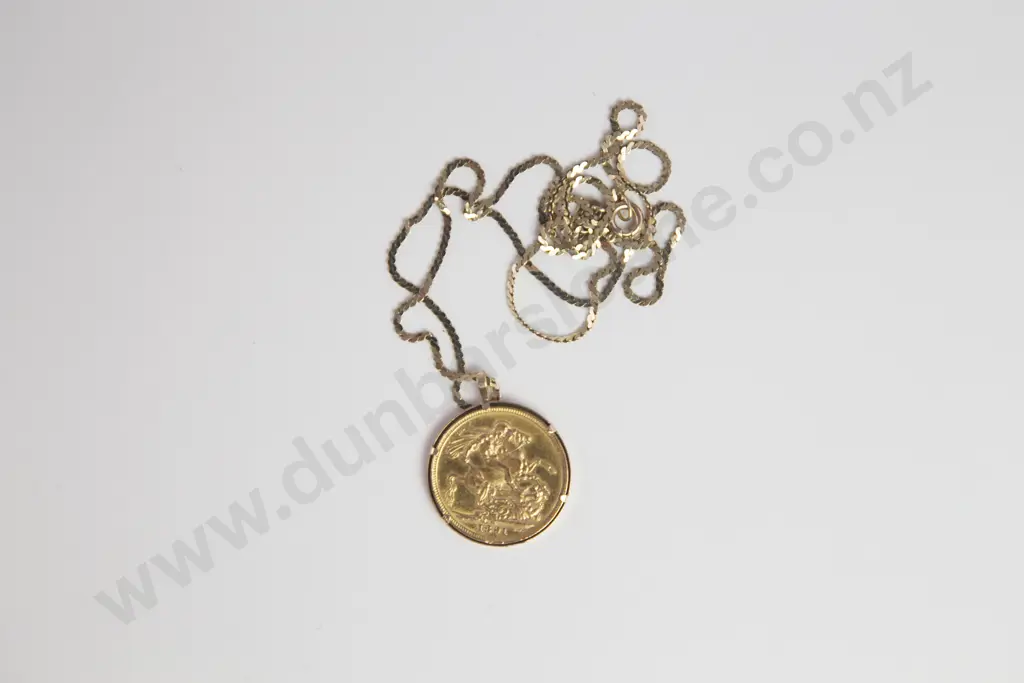 1891 Gold Full Sovereign Melbourne Mint Mounted in Pendant Frame on 14ct Neck Chain Image 1++