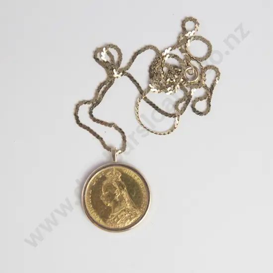 1891 Gold Full Sovereign Melbourne Mint Mounted in Pendant Frame on 14ct Neck Chain
