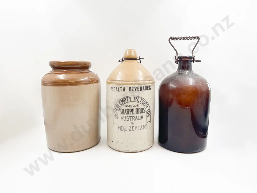 Stoneware Flagon together with Crock & Amber Glass Image 1++