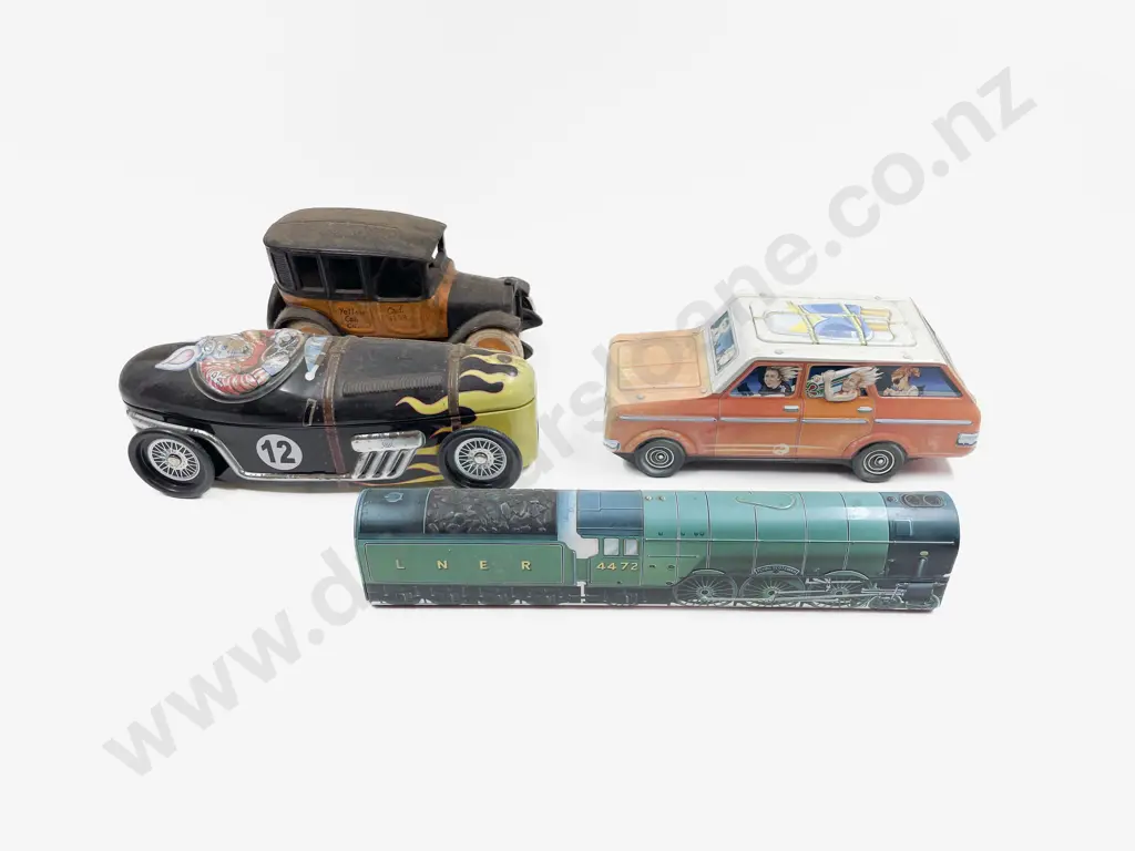 Reproduction Cast Iron Vintage Yellow Cab Model and three novelty vehicle tins Image 1++