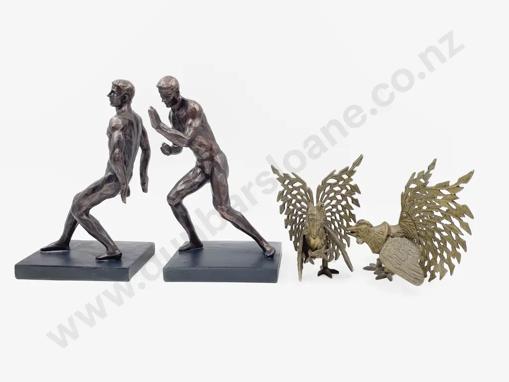 Pair Composition Male Figure Bookends and Pair Brass Fighting Cockerels Image 1++