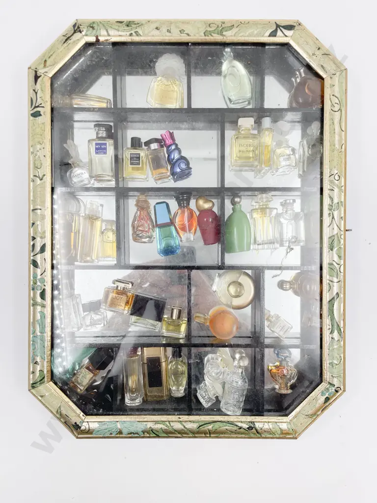 Quantity of Miniature Perfume Bottles in Mirror Backed Display Case Image 1++