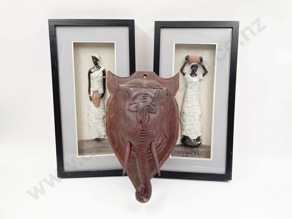 Pair of Framed Figures together with Elephant Wall Hanging Image 1++