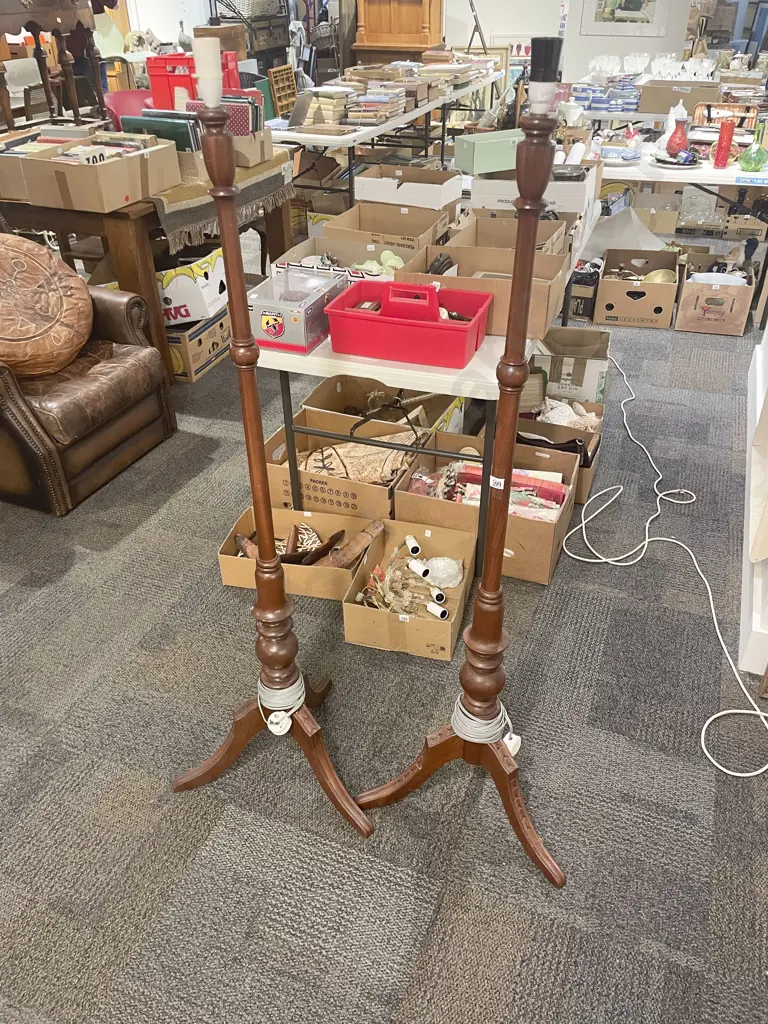 Pair of Tripod Based Wooden Standard Lamps Image 1++