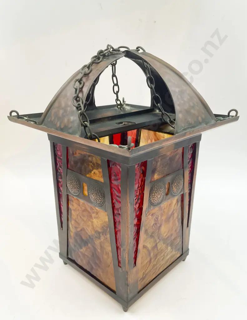 Arts & Crafts Copper & Stained Glass Lantern Image 1++