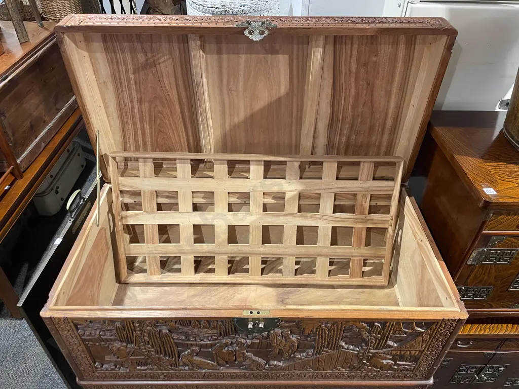 Three Drawer Carved Camphor Wood Chest Image 1++