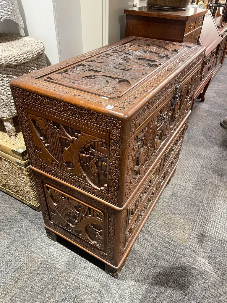 Three Drawer Carved Camphor Wood Chest Image 1++