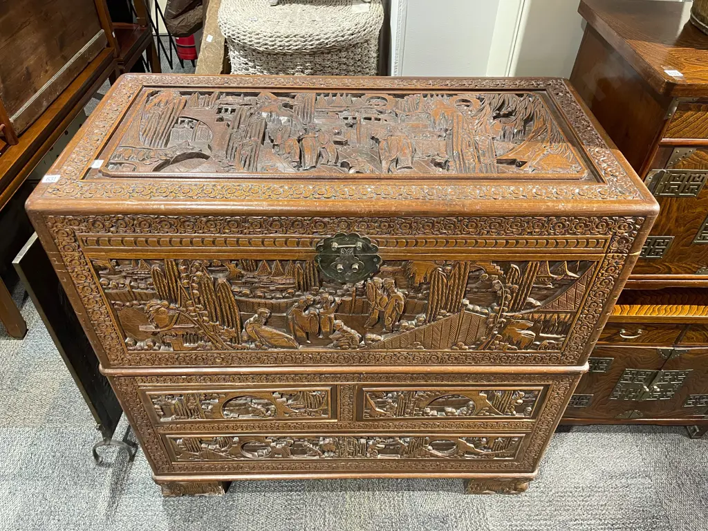 Three Drawer Carved Camphor Wood Chest Image 1++