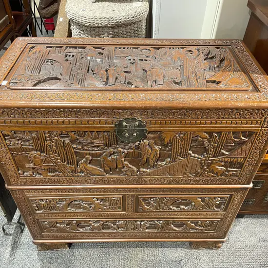 Three Drawer Carved Camphor Wood Chest