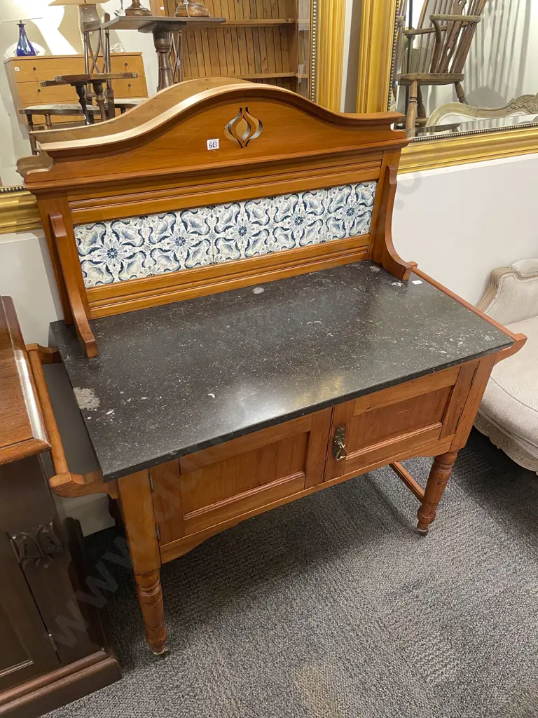 Colonial Kauri Marble Topped Washstand with Tiled Gallery Back Image 1++