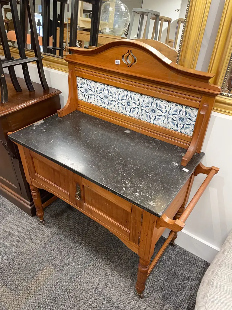 Colonial Kauri Marble Topped Washstand with Tiled Gallery Back Image 1++