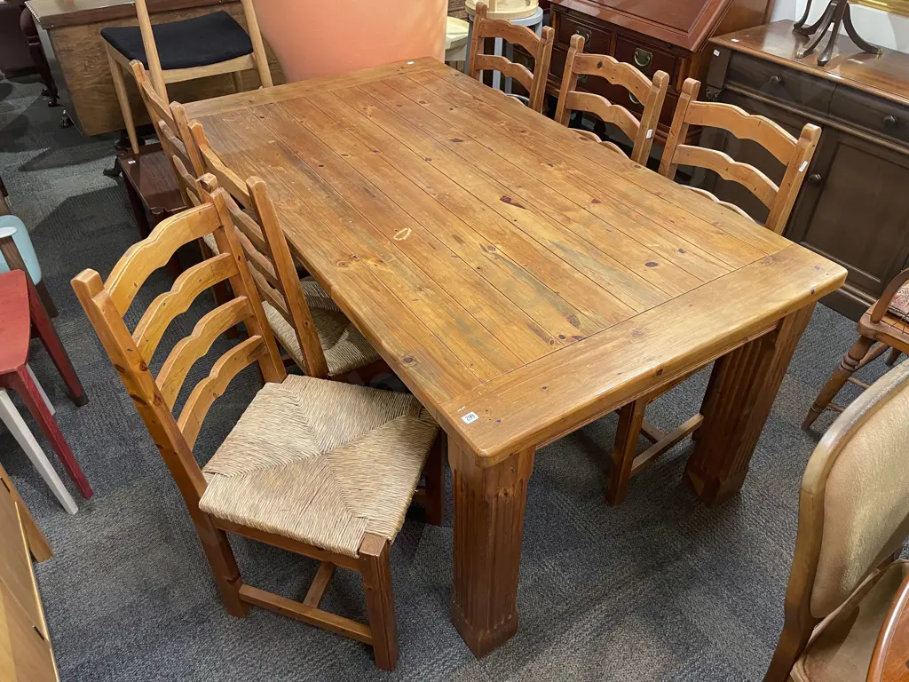 Modern Dining Table & Set of Six Rush Seated Dining Chairs Image 1++