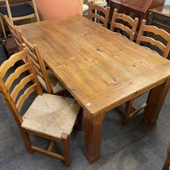 Modern Dining Table & Set of Six Rush Seated Dining Chairs