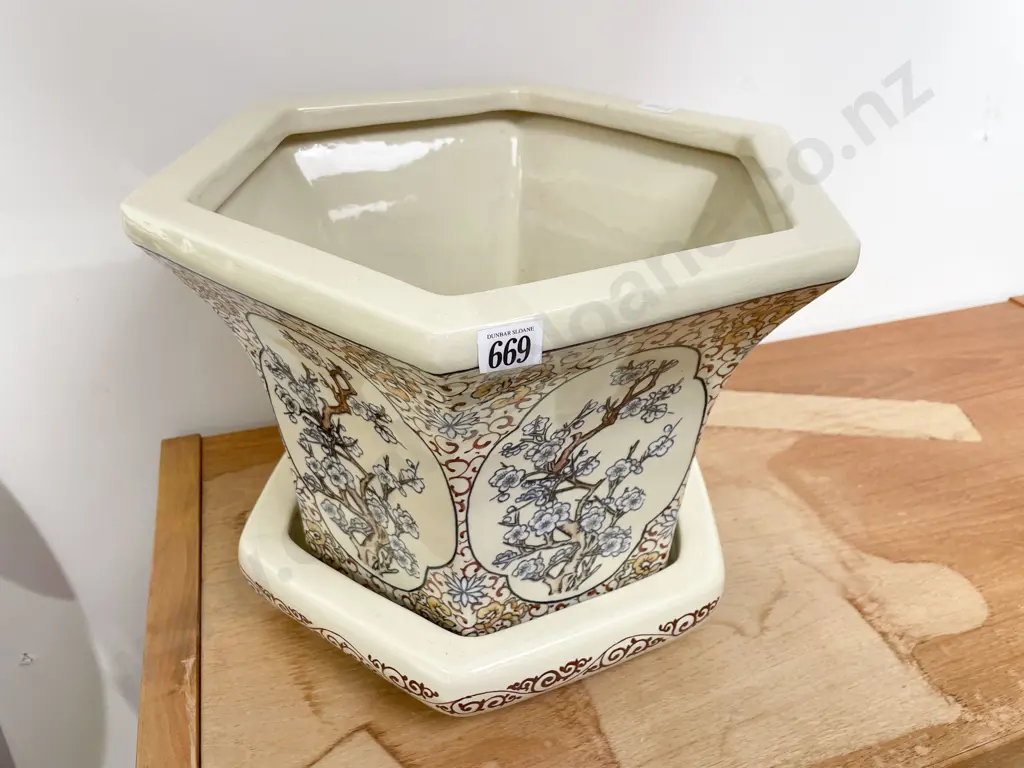 Glazed Hexagonal Plant Pot & Tray Image 1++