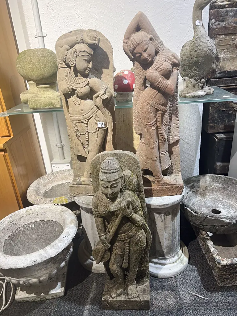 Three Concrete Garden Ornaments Two With Column Form Stands Image 1++