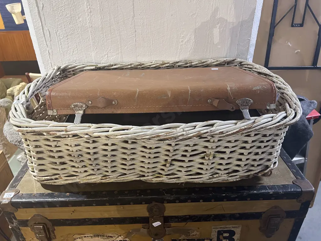 Vintage Cane Laundry Basket together with Suitcase Image 1++