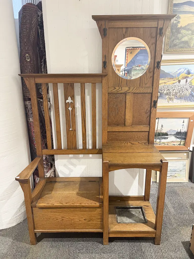 Arts & Crafts Oak Hall Settle/Stand Image 1++