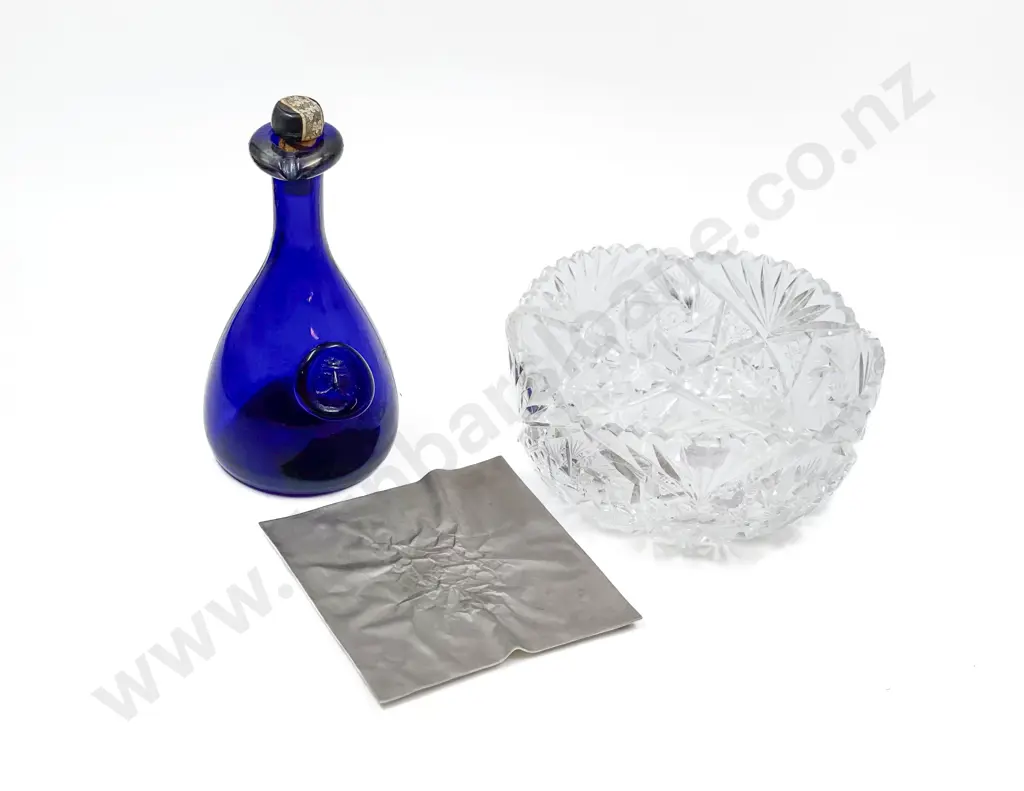 Heavy Cut Crystal Fruit Bowl & Small Japanese Metal Artwork together with Holmegaard Decanter Image 1++
