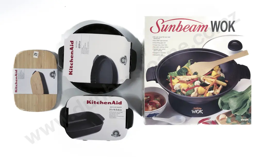 Two As New Kitchen Aid Oven Dishes together with Boxed Sunbeam Wok etc Image 1++