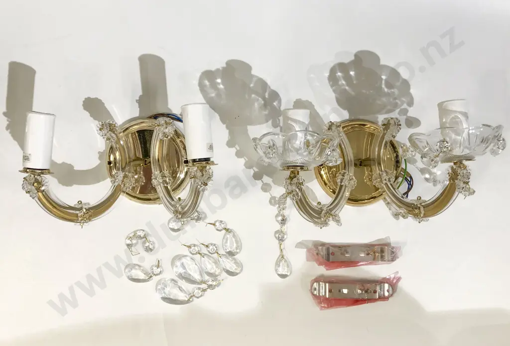 Pair of Two Branch Light Fittings with Crystal Droplets Image 1++