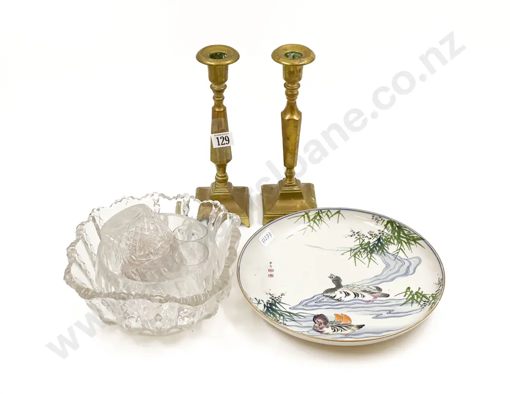 Pair of Brass Candlesticks together with Glassware etc Image 1++