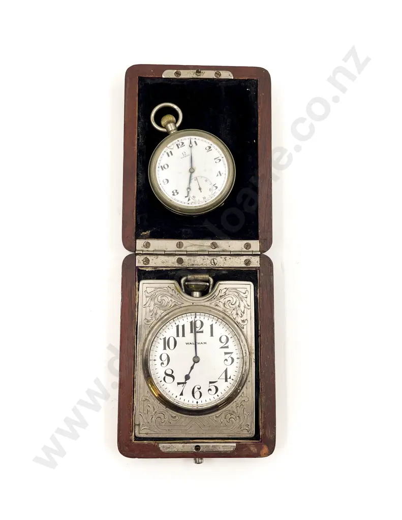 Cased S/Plate Waltham Travel Clock and Omega Pocket Watch both ticking Image 1++