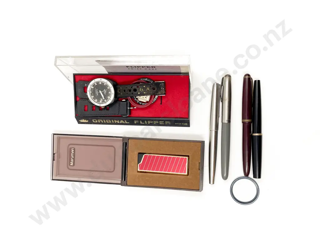 Original Flipper Wrist Watch (af) with lighter and four vintage fountain pens Image 1++