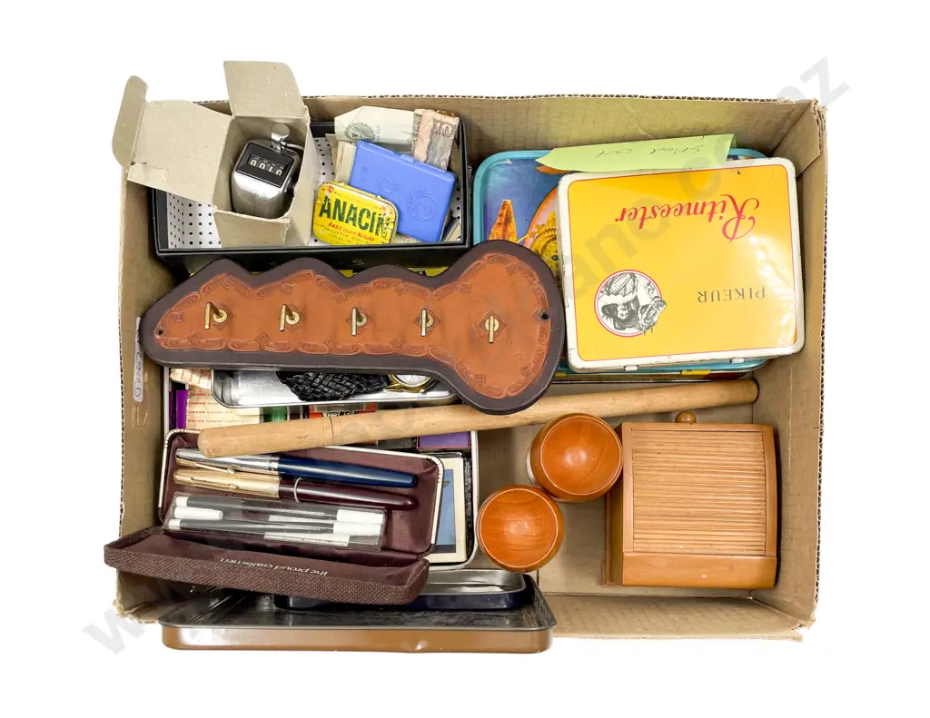 Two Parker Fountain Pens, Assorted Tins, Match Book and Various Image 1++