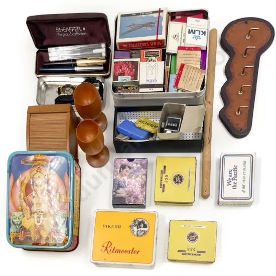 Two Parker Fountain Pens, Assorted Tins, Match Book and Various