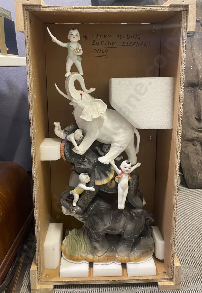 Large Chinese Elephant Ceramic Group Figure Image 1++